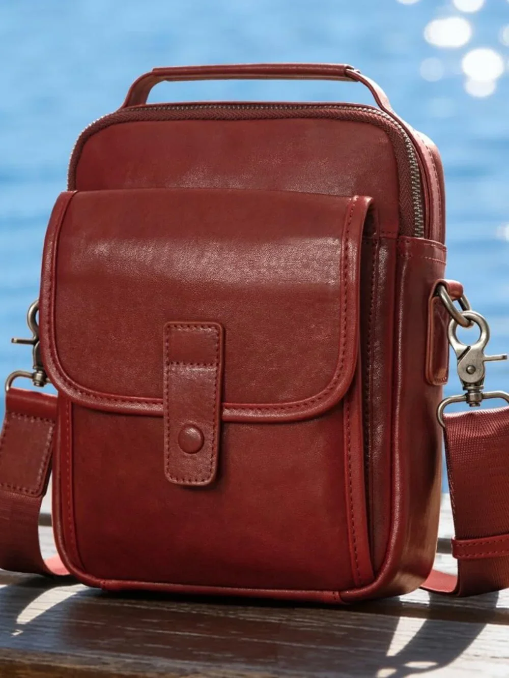 Men's Maroon Leather Shoulder Sling Travel Crossbody Stylish Magnetic Buckle Bag